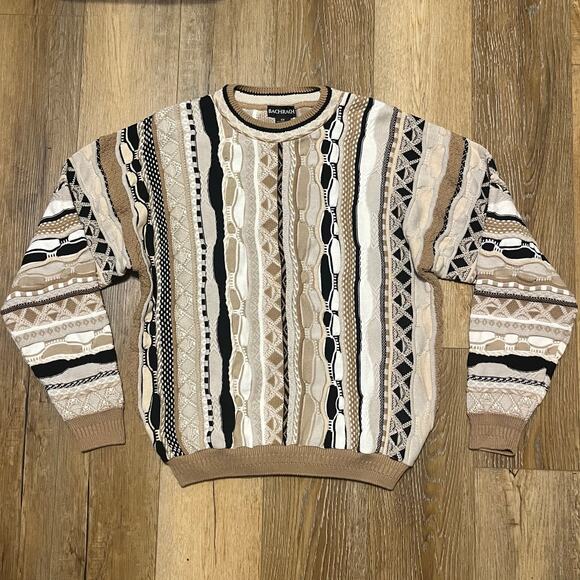VTG Bachrach Canada 3D Knit Coogi Style Sweater Size M Earth Tones Cosby 90s AOP - Picture 1 of 5